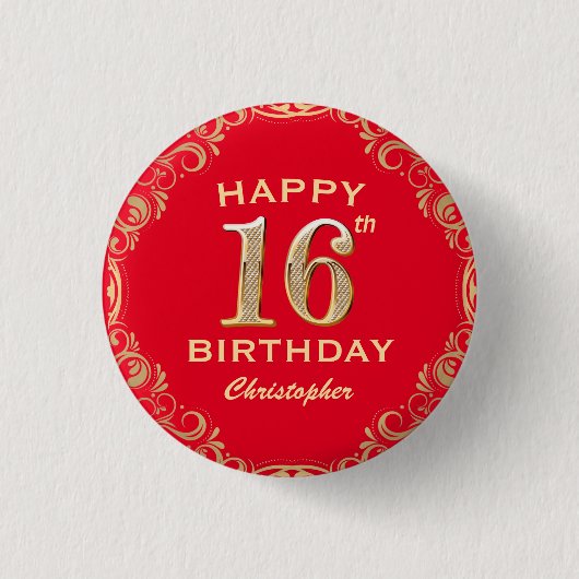 Badge Rond 2,50 Cm 16e anniversaire Parties scintillant rouge et or c (Devant)