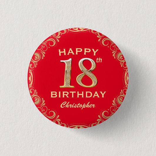 Badge Rond 2,50 Cm 18e anniversaire Parties scintillant rouge et or c (Devant)