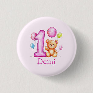 Badge Rond 2,50 Cm 1er anniversaire rose personnalisé pour les filles