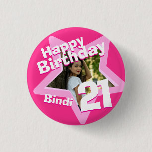 Badge Rond 2,50 Cm 21e anniversaire photo fun hot rose bouton/badge