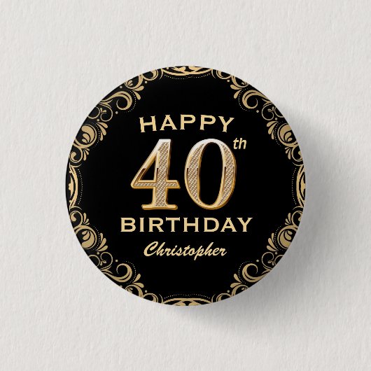 Badge Rond 2,50 Cm 40e anniversaire Parties scintillant noir et or ca (Devant)