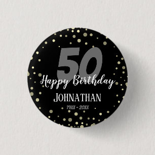 Badge Rond 2,50 Cm 50e anniversaire avec Confetti Black