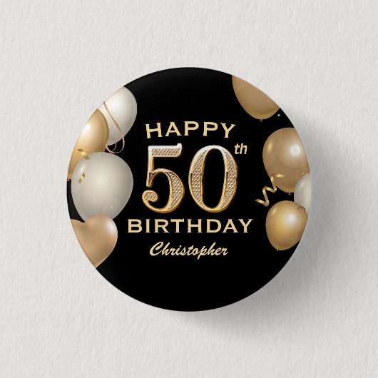 Badge Rond 2,50 Cm 50e fête d'anniversaire Ballons noirs et or (Devant)