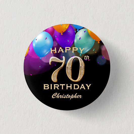 Badge Rond 2,50 Cm 70e fête d'anniversaire Ballons noirs et or (Devant)