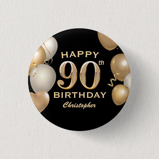 Badge Rond 2,50 Cm 90e fête d'anniversaire Ballons noirs et or (Devant)