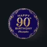 Badge Rond 2,50 Cm 90th Birthday Party Navy Blue and Gold Glitter<br><div class="desc">90th Birthday Party Navy Blue and Gold Glitter Frame Button. For further customization,  please click the "Customize it" button and use our design tool to modify this template.</div>
