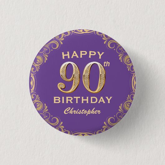 Badge Rond 2,50 Cm 90th Birthday Party Purple and Gold Glitter Frame (Devant)
