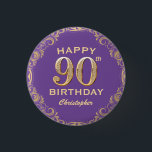 Badge Rond 2,50 Cm 90th Birthday Party Purple and Gold Glitter Frame<br><div class="desc">90th Birthday Party Purple and Gold Glitter Frame Button. For further customization,  please click the "Customize it" button and use our design tool to modify this template.</div>