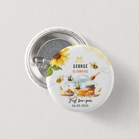 Badge Rond 2,50 Cm Abeille jaune mignonne et tournesol 1er Anniversai (Devant & derrière)