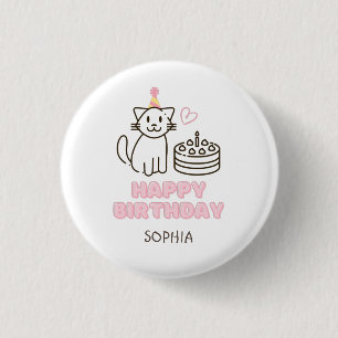 Badge Rond 2,50 Cm Adorable Chat dans un Casquette d'anniversaire