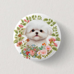 Badge Rond 2,50 Cm adorable chiot maltais en fleur, Amoureux des chie