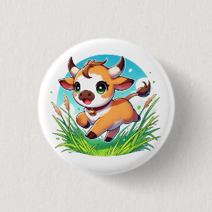 Badge Rond 2,50 Cm Adorable veau courant joyeusement à travers un cha