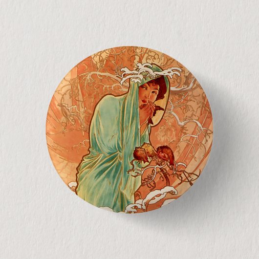 Badge Rond 2,50 Cm Alphonse Mucha, quatre saisons, hiver (Devant)