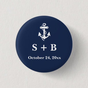 Badge Rond 2,50 Cm Ancre Bleue Marine Plage Nautique Mariage Océan