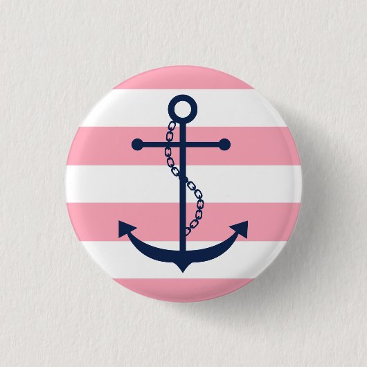 Badge Rond 2,50 Cm Ancre bleue sur les rayures roses (Devant)