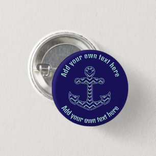 Badge Rond 2,50 Cm Ancre Chevron bleu Texte personnalisé nautique