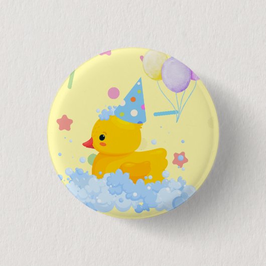 Badge Rond 2,50 Cm Anniversaire du canard en caoutchouc avec bulles e (Devant)