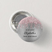 Badge Rond 2,50 Cm Anniversaire fête argent rose parties scintillant (Devant & derrière)