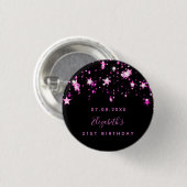 Badge Rond 2,50 Cm Anniversaire noir rose étoiles nom (Devant & derrière)