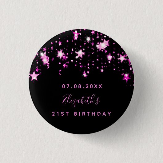 Badge Rond 2,50 Cm Anniversaire noir rose étoiles nom (Devant)