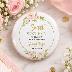 Badge Rond 2,50 Cm Anniversaire Sweet Sixteen écriture Florale Or