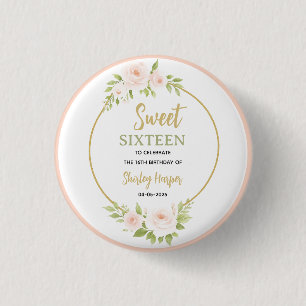 Badge Rond 2,50 Cm Anniversaire Sweet Sixteen écriture Florale Or