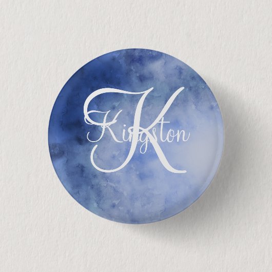Badge Rond 2,50 Cm Aquarelle bleu et blanc monogramme (Devant)