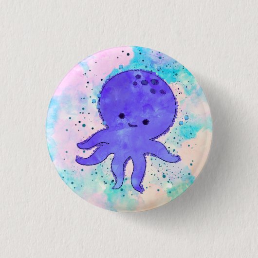 Badge Rond 2,50 Cm Aquarelle de dessin bleu octopus (Devant)