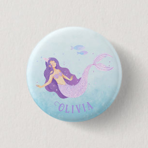 Badge Rond 2,50 Cm Aquarelle de sirène mauve mauve fille Anniversaire
