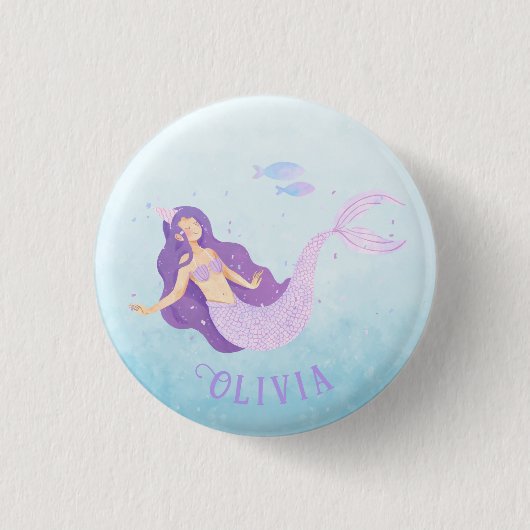 Badge Rond 2,50 Cm Aquarelle de sirène mauve mauve fille Anniversaire (Devant)