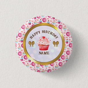 Badge Rond 2,50 Cm Aquarelle Donut et Cupcake Bonne fête d'anniversai