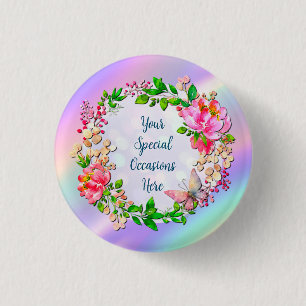 Badge Rond 2,50 Cm Aquarelle Fleurs Roses et Papillon de Printemps