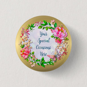 Badge Rond 2,50 Cm Aquarelle Fleurs Roses et Papillon Plaid de Printe