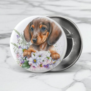 Badge Rond 2,50 Cm Aquarelle mignonne Floral Dachshund Chien chiot
