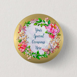 Badge Rond 2,50 Cm Aquarelle rose floral et papillon printemps lancer