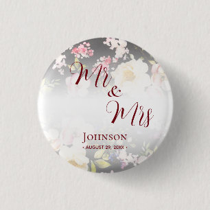 Badge Rond 2,50 Cm Aquarelle rose Roses jaunes, noir flou, Mariage