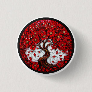 Badge Rond 2,50 Cm Arbre Fleur Rouge Vibrant avec des Détails Stylés