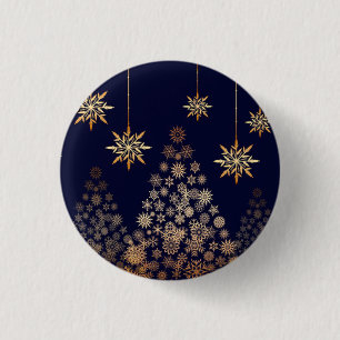 Badge Rond 2,50 Cm Arrière - plan bleu avec Carré d'arbre de Noël dor