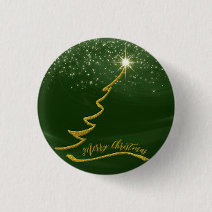 Badge Rond 2,50 Cm Arrière - plan Vert Parkly Avec Arbre De Noël Or