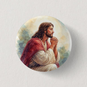 Badge Rond 2,50 Cm Art aquarelle : Jésus en prière Foi chrétienne
