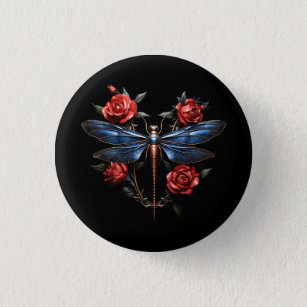 Badge Rond 2,50 Cm Art captivant : libellule métallique aux roses rou