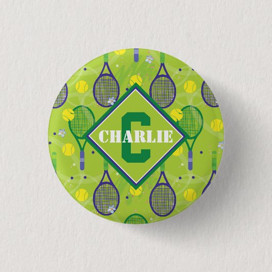 Badge Rond 2,50 Cm Avec nom et initiale, raquette de tennis verte et  (Devant)
