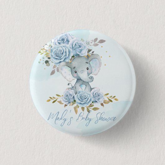 Badge Rond 2,50 Cm Baby Blue Floral mignonne Elephant Baby shower gar (Devant)