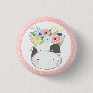 Badge Rond 2,50 Cm Baby Cow Floral Crown Pastel Pink Farm Barn Party