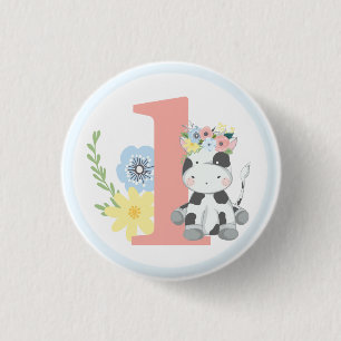 Badge Rond 2,50 Cm Baby Cow Floral Numéro Un 1er anniversaire fête