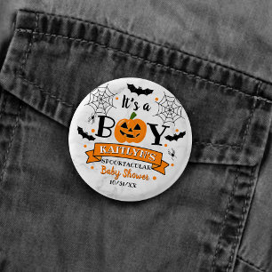 Badge Rond 2,50 Cm baby shower Citrouille d'Halloween "C'est un garço