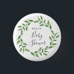 Badge Rond 2,50 Cm Baby shower de couronne rustique<br><div class="desc">Cette épingle de baby shower neutre pour le genre comporte une couronne de branches d'aquarelle et de feuilles entourant le nom de la mère à être en gris sans serif et les mots "Baby shower" dans le script d'écriture.</div>