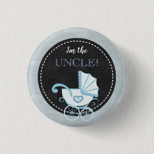 Badge Rond 2,50 Cm Baby shower en damier Bleu Je suis le bouton Oncle