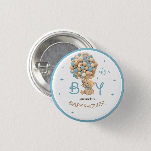 Badge Rond 2,50 Cm Ballons Ours Teddy Bleu Bébé Garçon Douche Favoris (Devant & derrière)