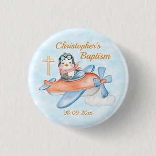 Badge Rond 2,50 Cm Baptême Aquarelle Bébé Penguin avion personnalisé